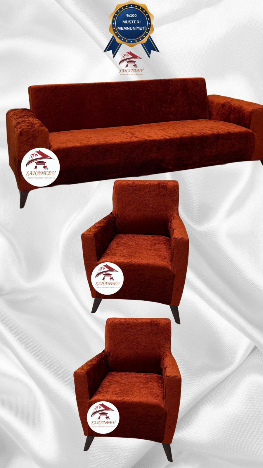 Parlak Kadife Giydirme Koltuk Örtüsü - Işıltılı Geometrik Desenli Koruyucu Kiremit Renk 3+1+1 (3 Parça Set)