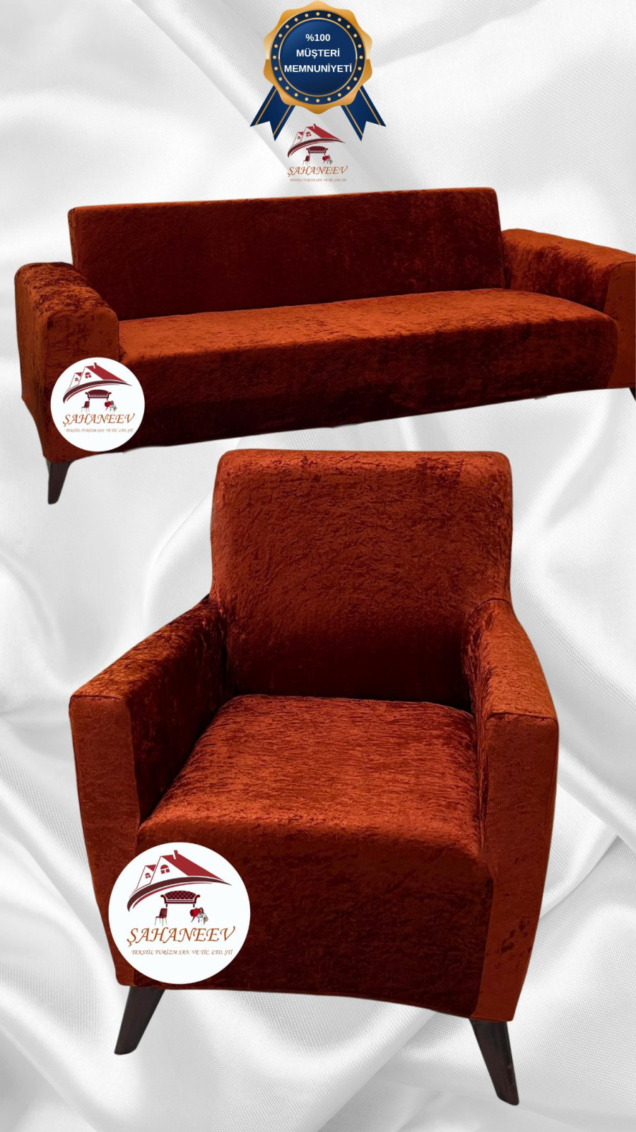 Parlak Kadife Giydirme Koltuk Örtüsü - Işıltılı Geometrik Desenli Koruyucu Kiremit Renk 3+1 (2 Parça Set) Özel Ölçü