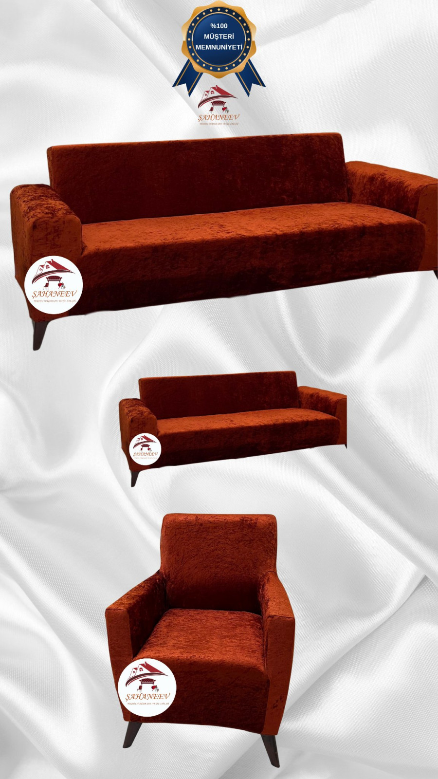 Parlak Kadife Giydirme Koltuk Örtüsü - Işıltılı Geometrik Desenli Koruyucu Kiremit Renk 3+2+1 (3 Parça Set)