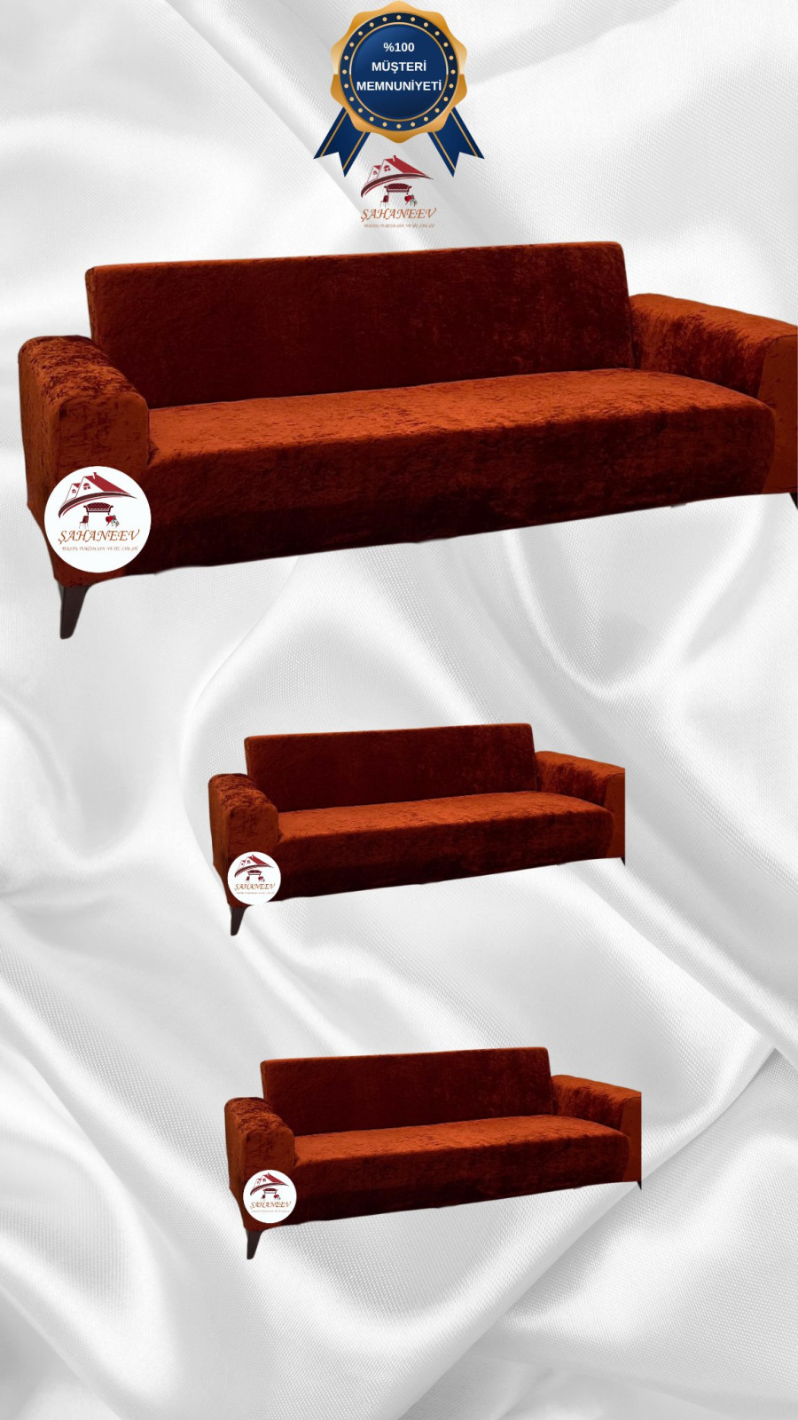 Parlak Kadife Giydirme Koltuk Örtüsü - Işıltılı Geometrik Desenli Koruyucu Kiremit Renk 3+2+2 (3 Parça Set) Özel Ölçü