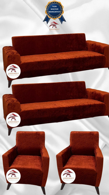 Shiny Velvet Slip-On Sofa Cover - Luminous Geometric Pattern Protector Brick Color 3+3+1+1 (4 Piece Set)