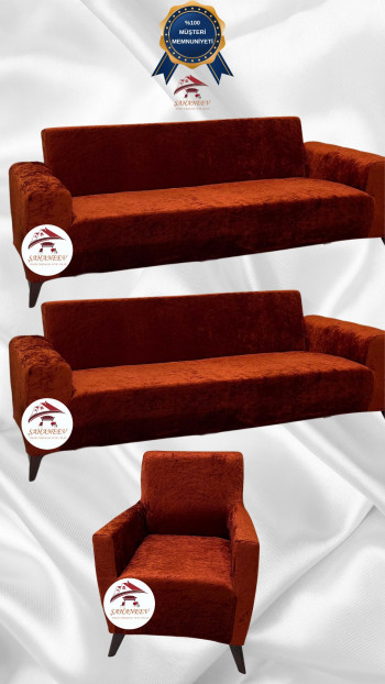 Shiny Velvet Slip-On Sofa Cover - Luminous Geometric Pattern Protector Brick Color 3+3+1 (3 Piece Set)