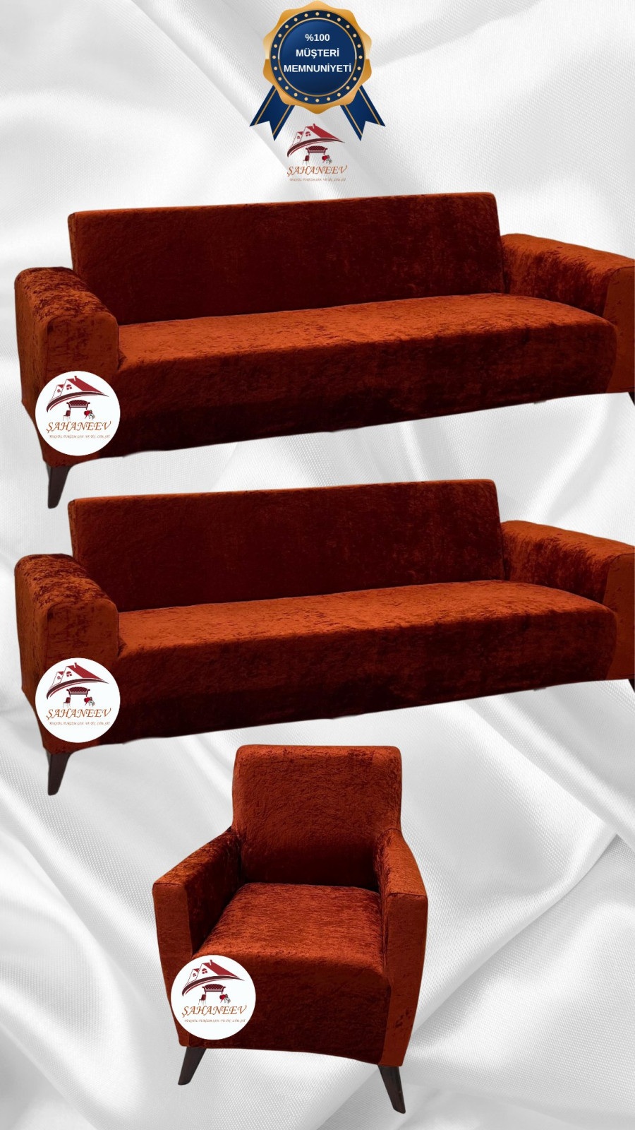 Parlak Kadife Giydirme Koltuk Örtüsü - Işıltılı Geometrik Desenli Koruyucu Kiremit Renk 3+3+1 (3 Parça Set) Özel Ölçü