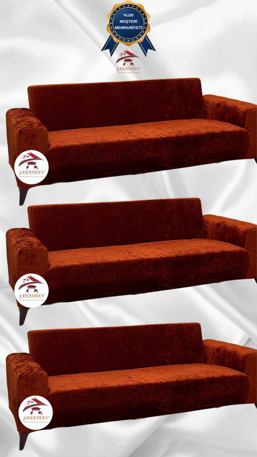 Parlak Kadife Giydirme Koltuk Örtüsü - Işıltılı Geometrik Desenli Koruyucu Kiremit Renk 3+3+3 (3 Parça Set)