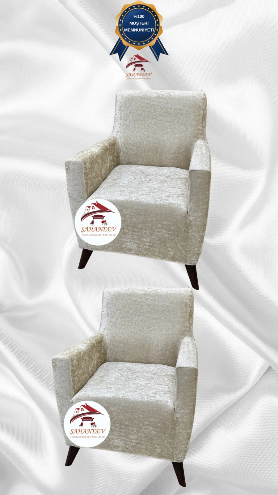 Parlak Kadife Giydirme Koltuk Örtüsü - Işıltılı Geometrik Desenli Koruyucu Krem Renk 1+1 (2 Parça Set)