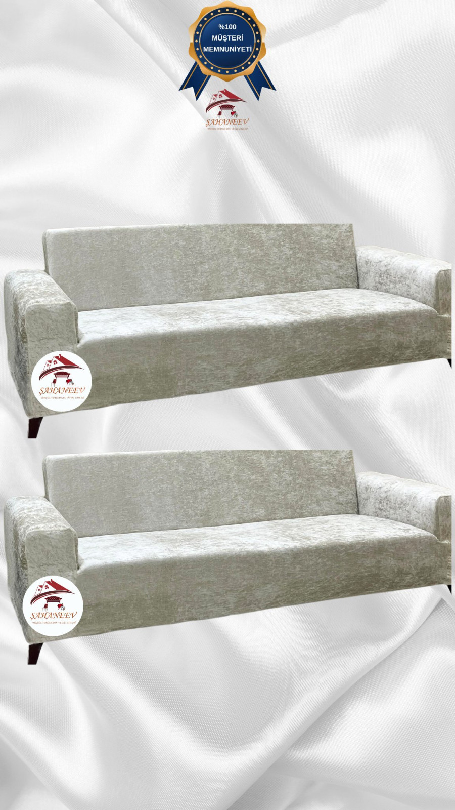 Parlak Kadife Giydirme Koltuk Örtüsü - Işıltılı Geometrik Desenli Koruyucu Krem Renk 3+3 (2 Parça Set)