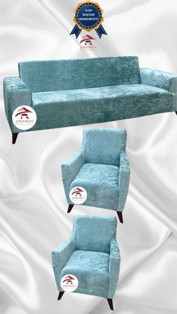 Shiny Velvet Slip-On Sofa Cover - Luminous Geometric Pattern Protector Mint Color 3+1+1 (3 Piece Set)