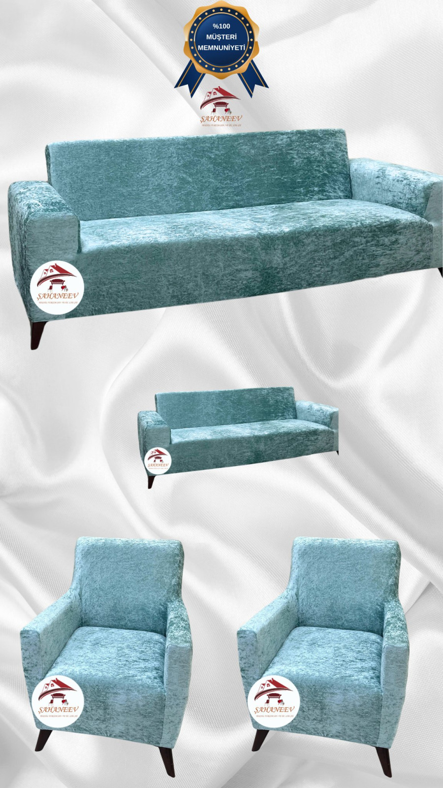 Parlak Kadife Giydirme Koltuk Örtüsü - Işıltılı Geometrik Desenli Koruyucu Mint Renk 3+2+1+1 (4 Parça Set)