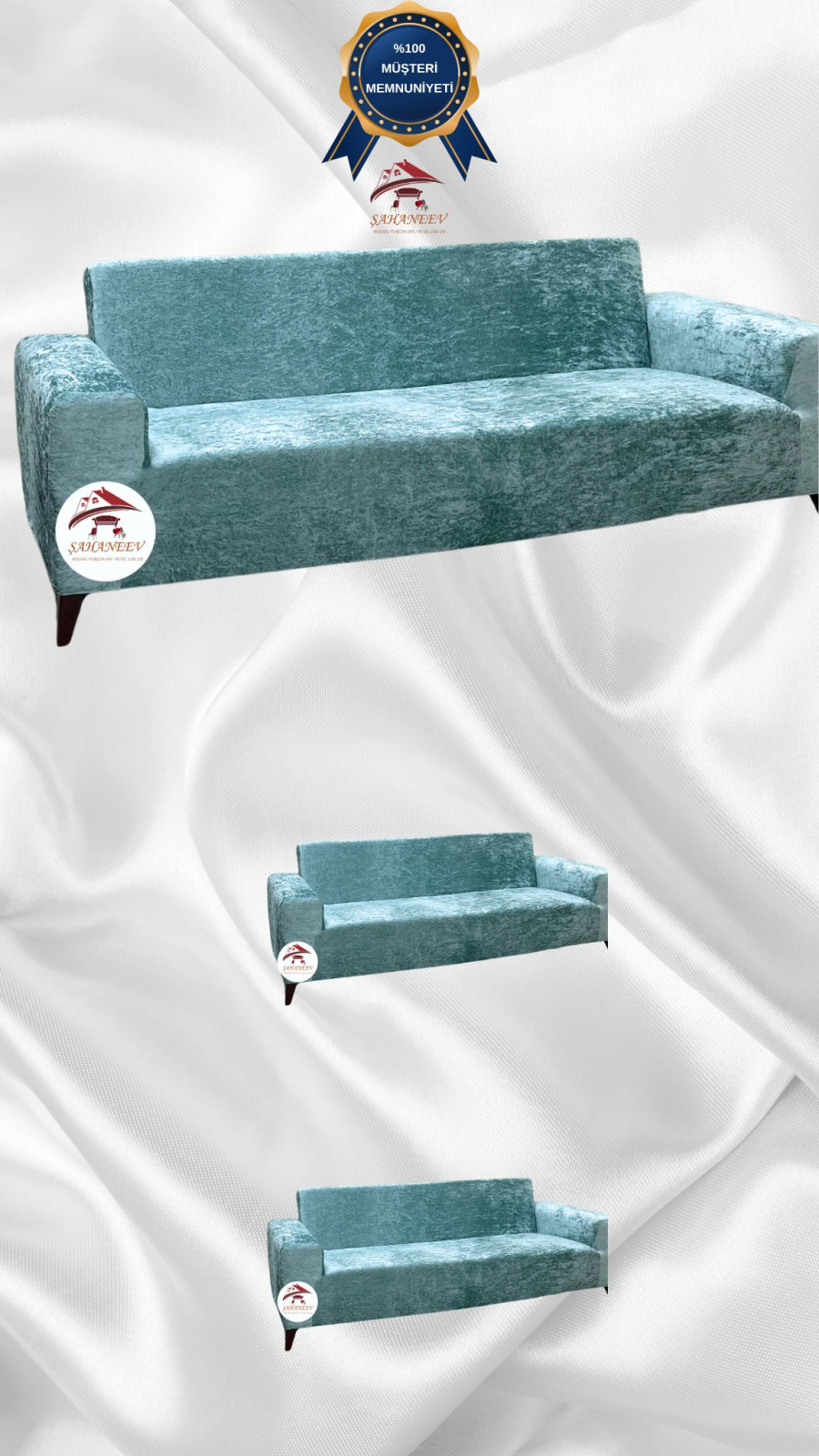 Parlak Kadife Giydirme Koltuk Örtüsü - Işıltılı Geometrik Desenli Koruyucu Mint Renk 3+2+2 (3 Parça Set) Özel Ölçü