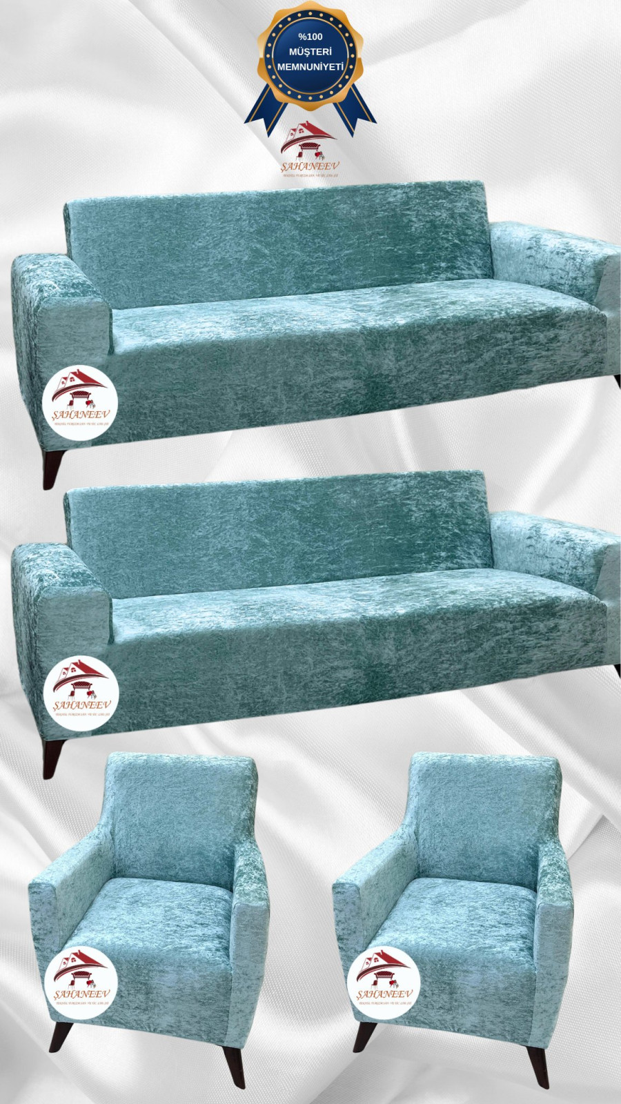 Parlak Kadife Giydirme Koltuk Örtüsü - Işıltılı Geometrik Desenli Koruyucu Mint Renk 3+3+1+1 (4 Parça Set)