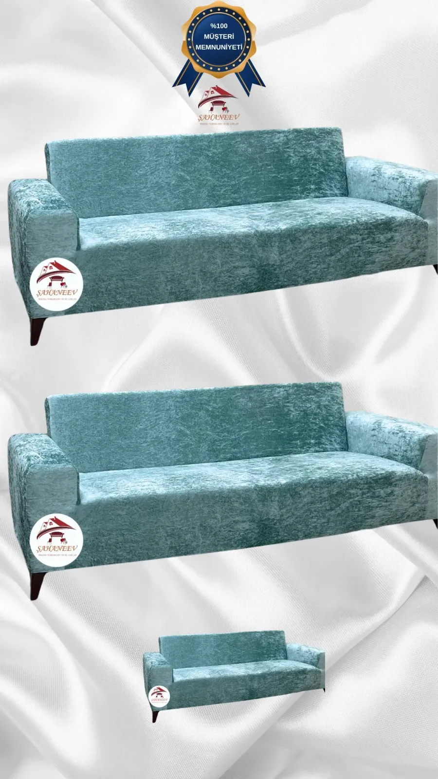 Parlak Kadife Giydirme Koltuk Örtüsü - Işıltılı Geometrik Desenli Koruyucu Mint Renk 3+3+2 (3 Parça Set)