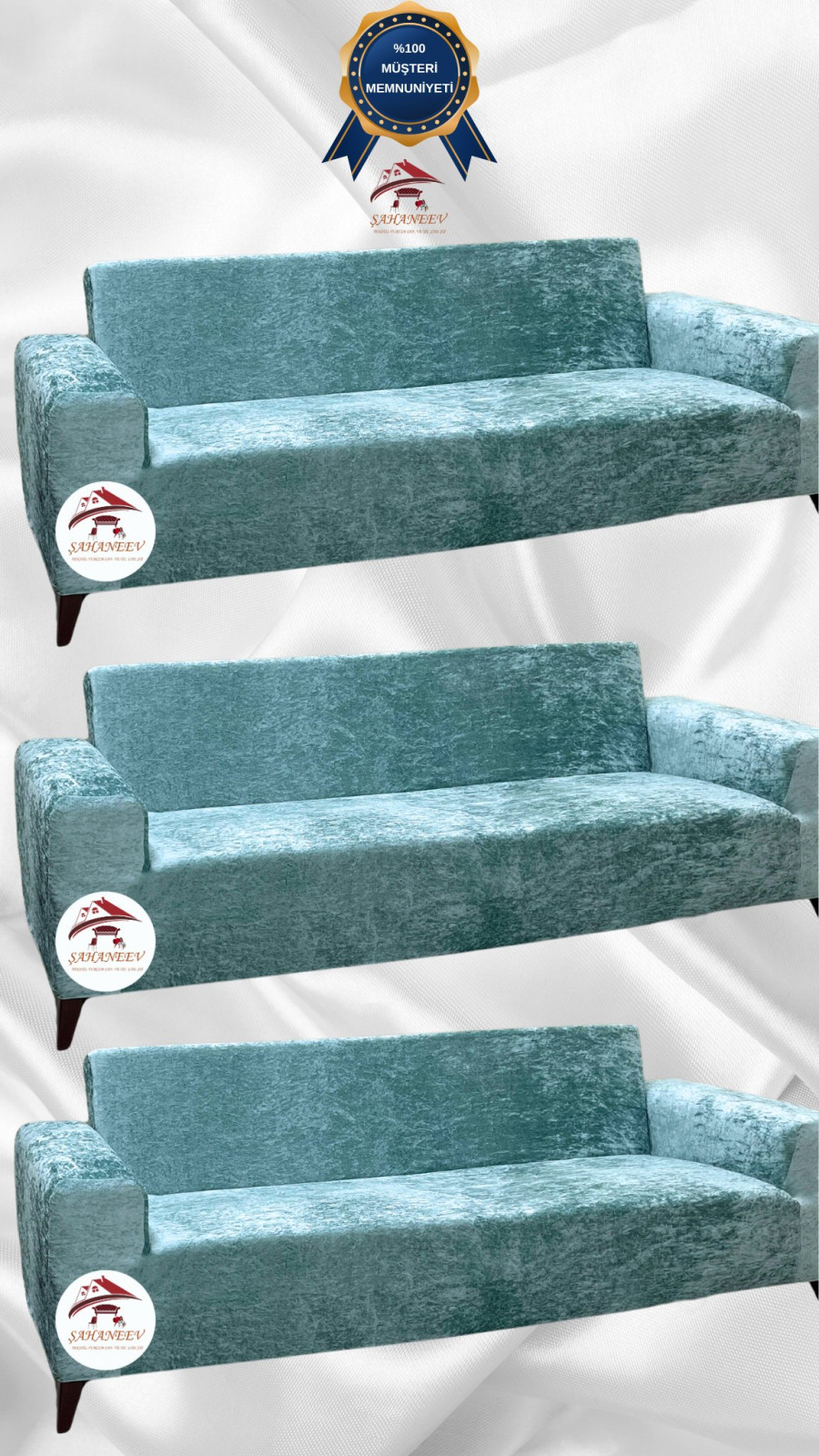 Parlak Kadife Giydirme Koltuk Örtüsü - Işıltılı Geometrik Desenli Koruyucu Mint Renk 3+3+3 (3 Parça Set)