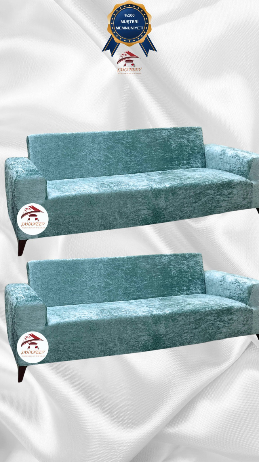 Parlak Kadife Giydirme Koltuk Örtüsü - Işıltılı Geometrik Desenli Koruyucu Mint Renk 3+3 (2 Parça Set)