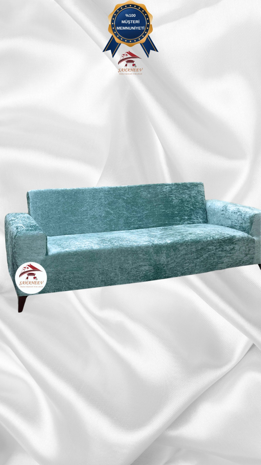 Shiny Velvet Slip-On Sofa Cover - Luminous Geometric Pattern Protector Mint Color 3-Seater Set (1 Piece)