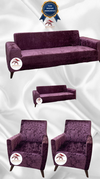 Shiny Velvet Slip-On Sofa Cover - Luminous Geometric Pattern Protector Purple Color 3+2+1+1 (4 Piece Set)