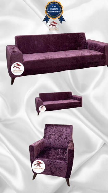 Shiny Velvet Slip-On Sofa Cover - Luminous Geometric Pattern Protector Purple Color 3+2+1 (3 Piece Set)