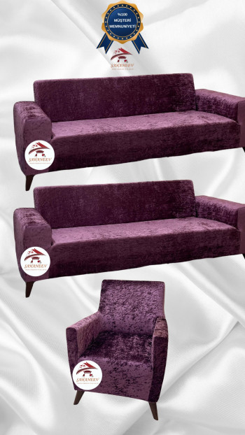 Shiny Velvet Slip-On Sofa Cover - Luminous Geometric Pattern Protector Purple Color 3+3+1 (3 Piece Set)