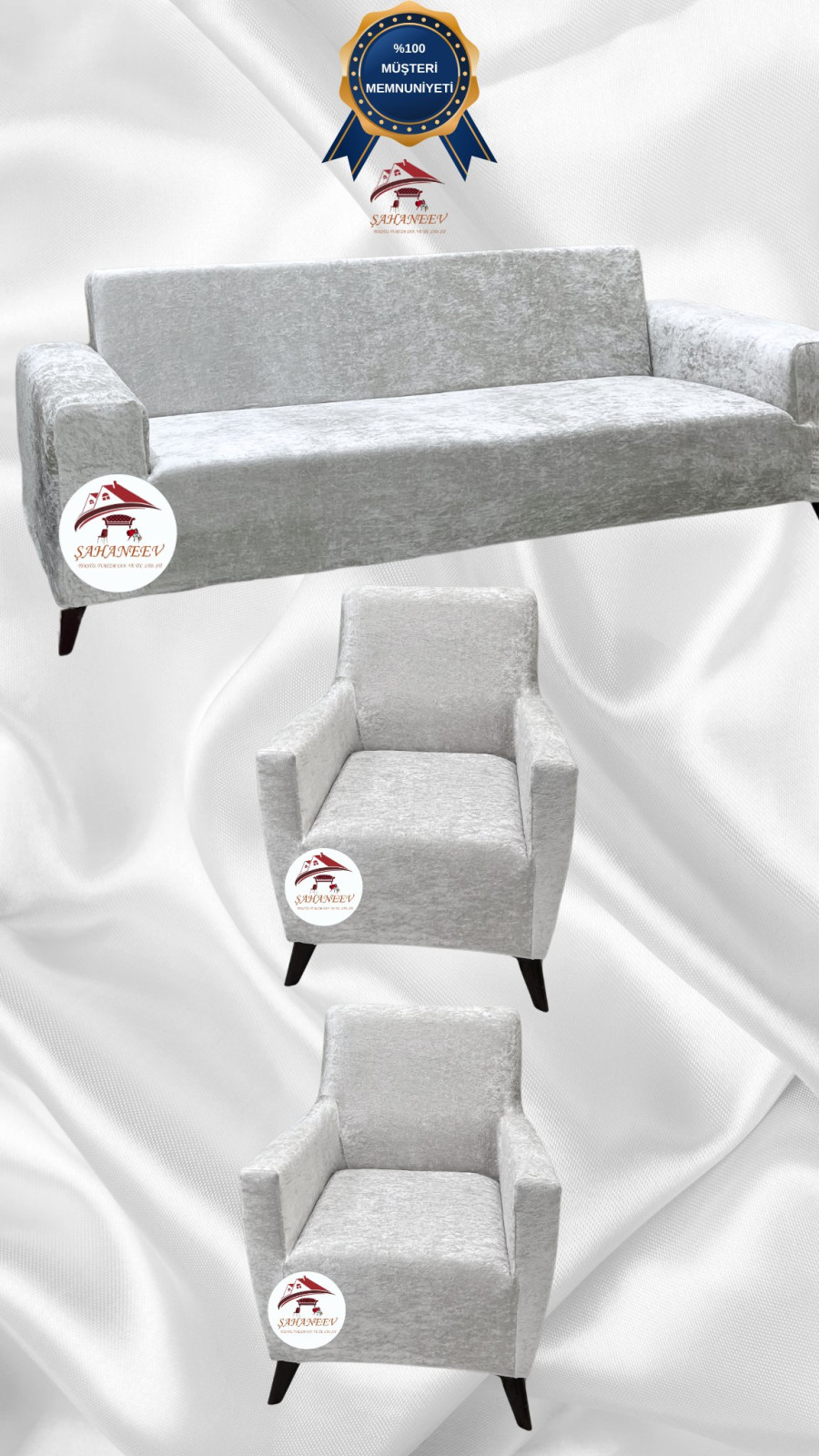 Parlak Kadife Giydirme Koltuk Örtüsü - Işıltılı Geometrik Desenli Koruyucu Natural Renk 3+1+1 (3 Parça Set)