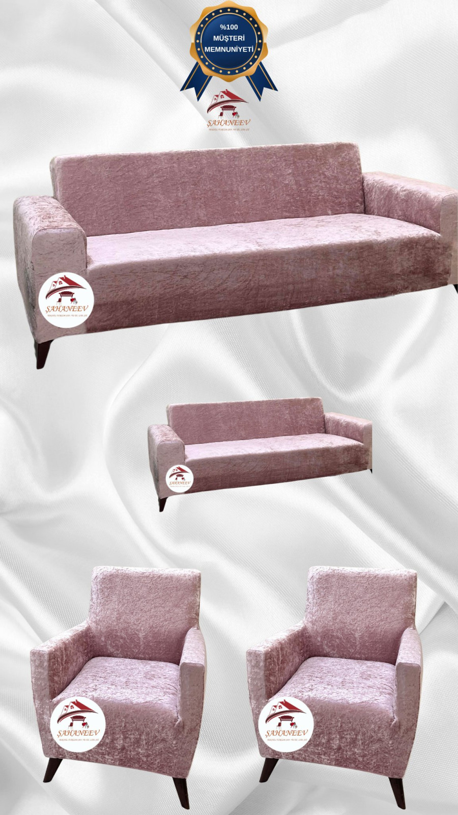 Parlak Kadife Giydirme Koltuk Örtüsü - Işıltılı Geometrik Desenli Koruyucu Pudra Renk 3+2+1+1 (4 Parça Set) Özel Ölçü