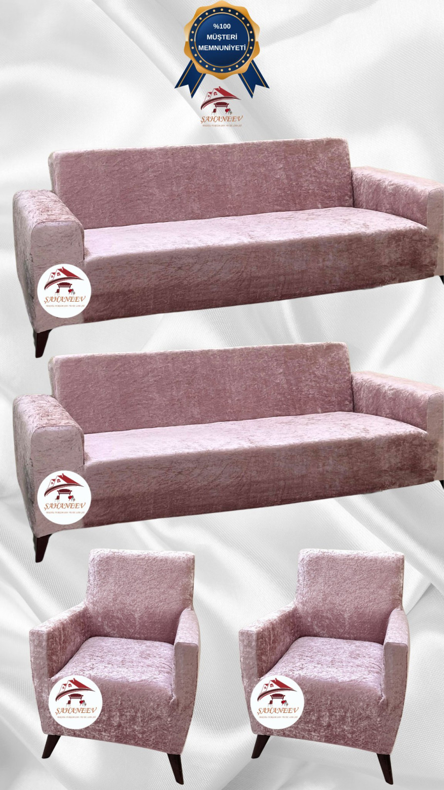 Parlak Kadife Giydirme Koltuk Örtüsü - Işıltılı Geometrik Desenli Koruyucu Pudra Renk 3+3+1+1 (4 Parça Set) Özel Ölçü