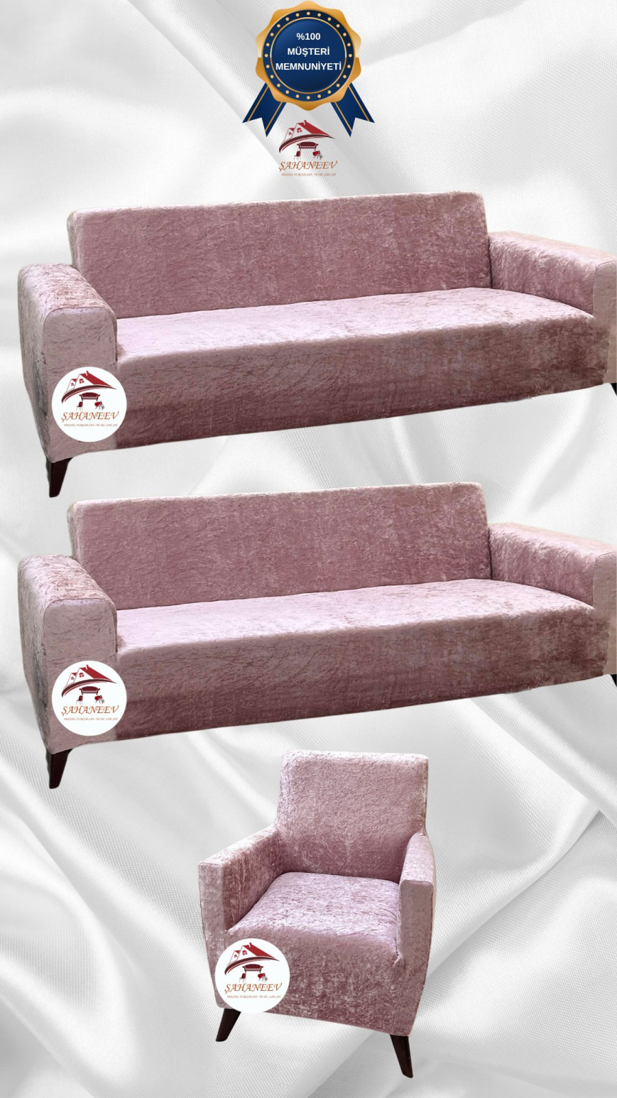 Parlak Kadife Giydirme Koltuk Örtüsü - Işıltılı Geometrik Desenli Koruyucu Pudra Renk 3+3+1 (3 Parça Set) Özel Ölçü