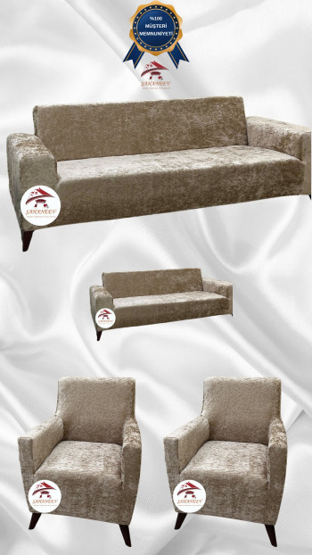 Shiny Velvet Slip-On Sofa Cover - Luminous Geometric Pattern Protector Mink Color 3+2+1+1 (4 Piece Set)