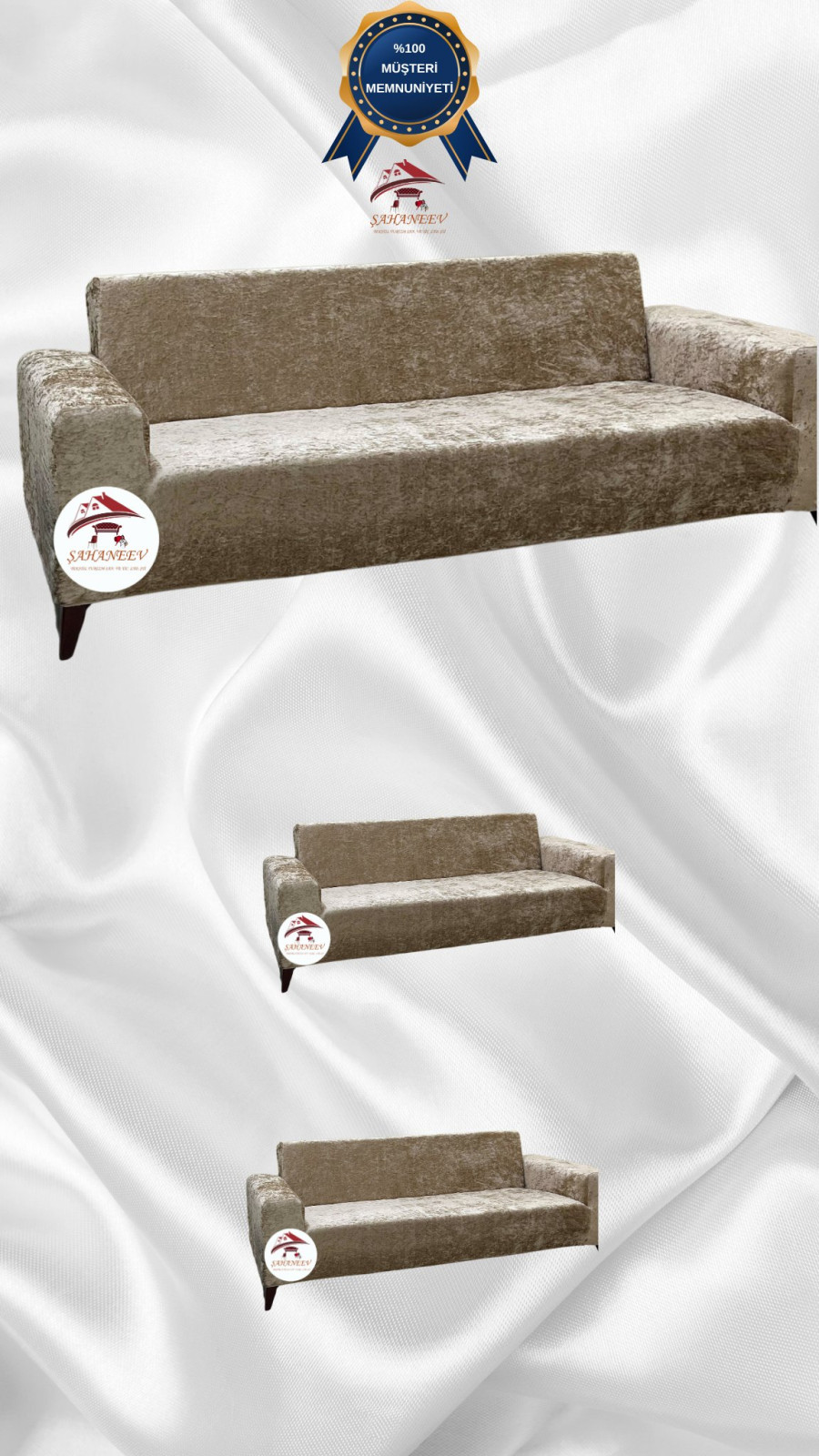 Parlak Kadife Giydirme Koltuk Örtüsü - Işıltılı Geometrik Desenli Koruyucu Vizon Renk 3+2+2 (3 Parça Set)