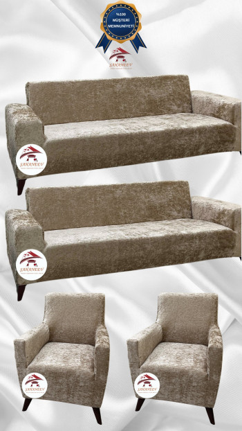 Shiny Velvet Slip-On Sofa Cover - Luminous Geometric Pattern Protector Mink Color 3+3+1+1 (4 Piece Set) Custom Size