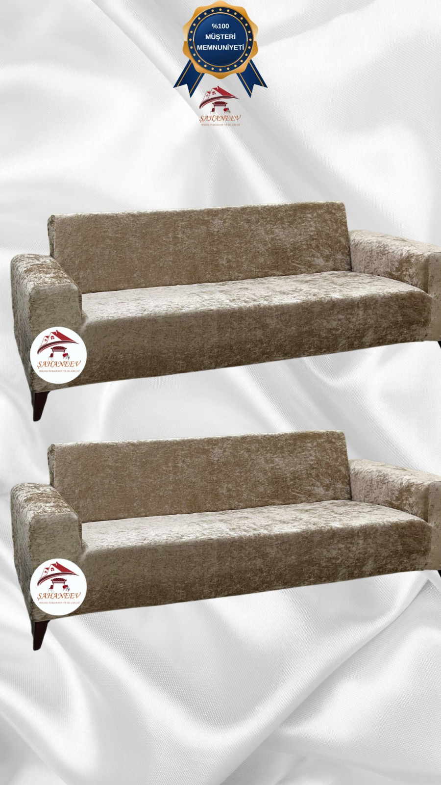 Parlak Kadife Giydirme Koltuk Örtüsü - Işıltılı Geometrik Desenli Koruyucu Vizon Renk 3+3 (2 Parça Set)