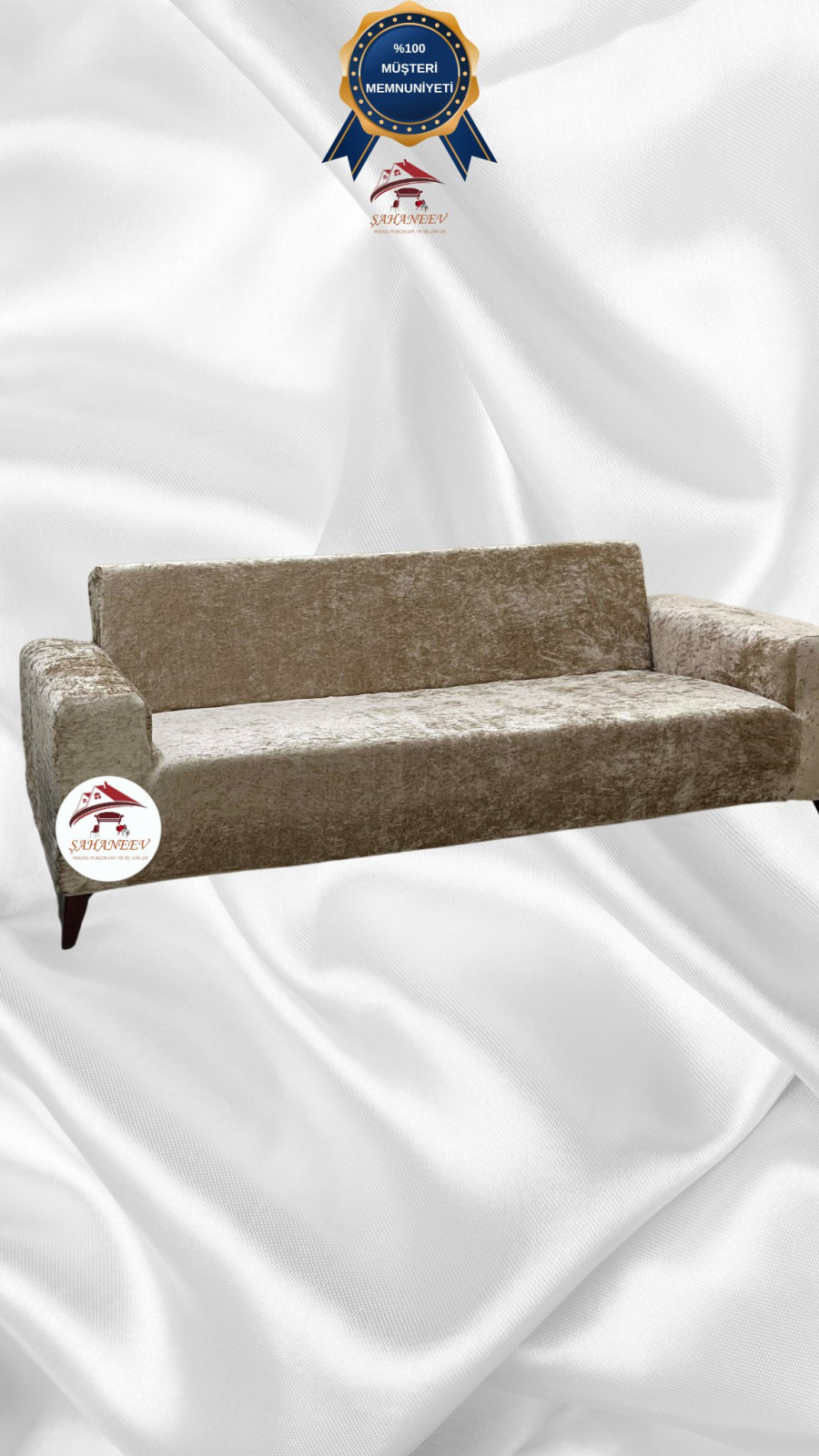 Parlak Kadife Giydirme Koltuk Örtüsü - Işıltılı Geometrik Desenli Koruyucu Vizon Renk 3'lü Set (1 Parça)