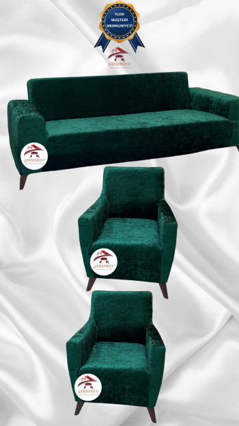 Shiny Velvet Slip-On Sofa Cover - Luminous Geometric Pattern Protector Emerald Color 3+1+1 (3 Piece Set)