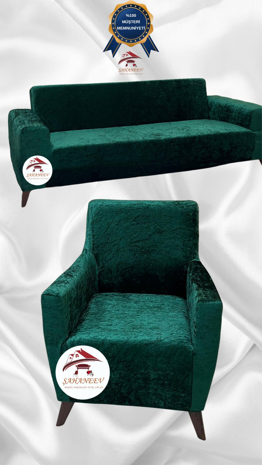 Shiny Velvet Slip-On Sofa Cover - Luminous Geometric Pattern Protector Emerald Color 3+1 (2 Piece Set)