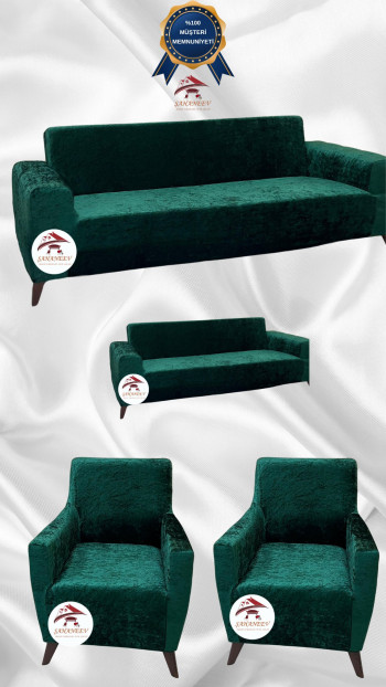 Shiny Velvet Slip-On Sofa Cover - Luminous Geometric Pattern Protector Emerald Color 3+2+1+1 (4 Piece Set)