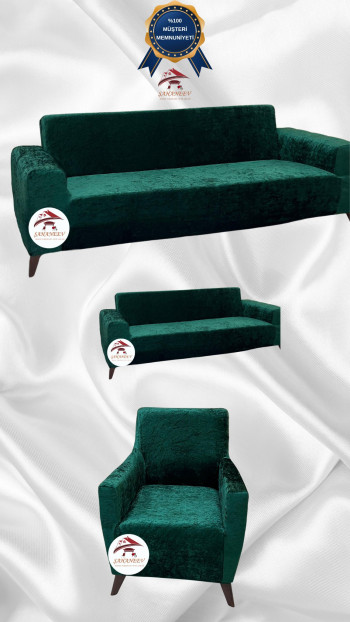 Shiny Velvet Slip-On Sofa Cover - Luminous Geometric Pattern Protector Emerald Color 3+2+1 (3 Piece Set)