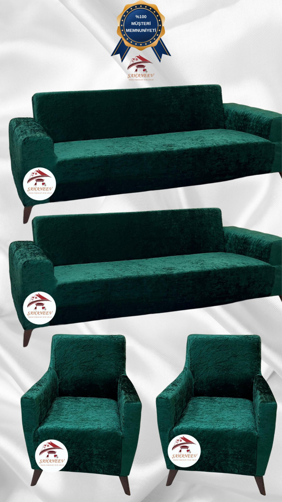 Parlak Kadife Giydirme Koltuk Örtüsü - Işıltılı Geometrik Desenli Koruyucu Zümrüt Yeşili Renk 3+3+1+1 (4 Parça Set)