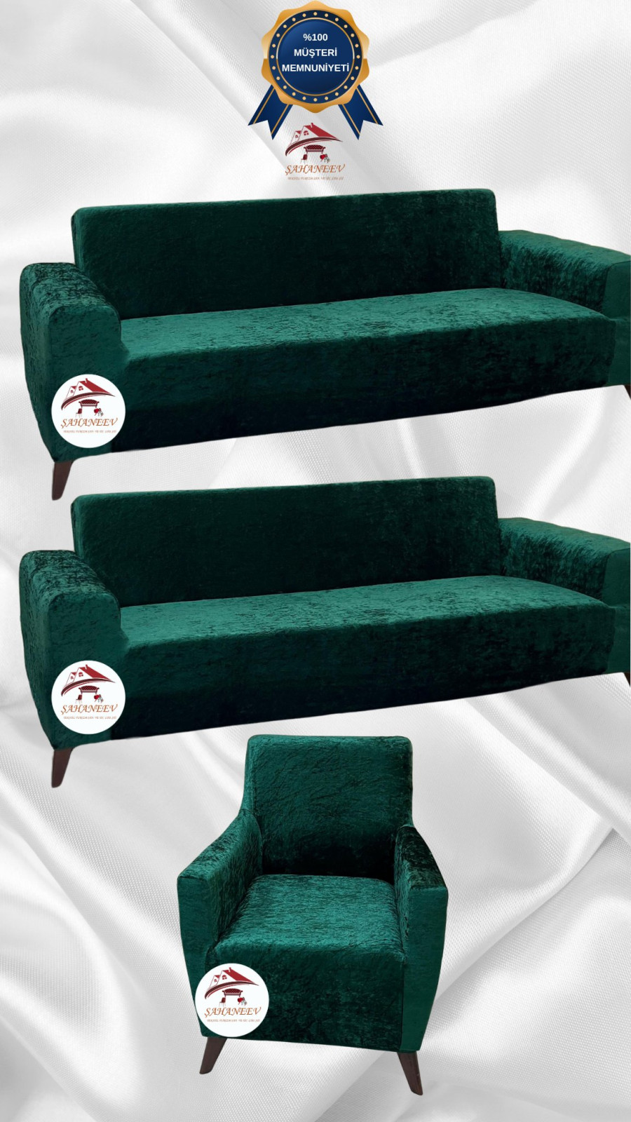 Parlak Kadife Giydirme Koltuk Örtüsü - Işıltılı Geometrik Desenli Koruyucu Zümrüt Yeşili Renk 3+3+1 (3 Parça Set)