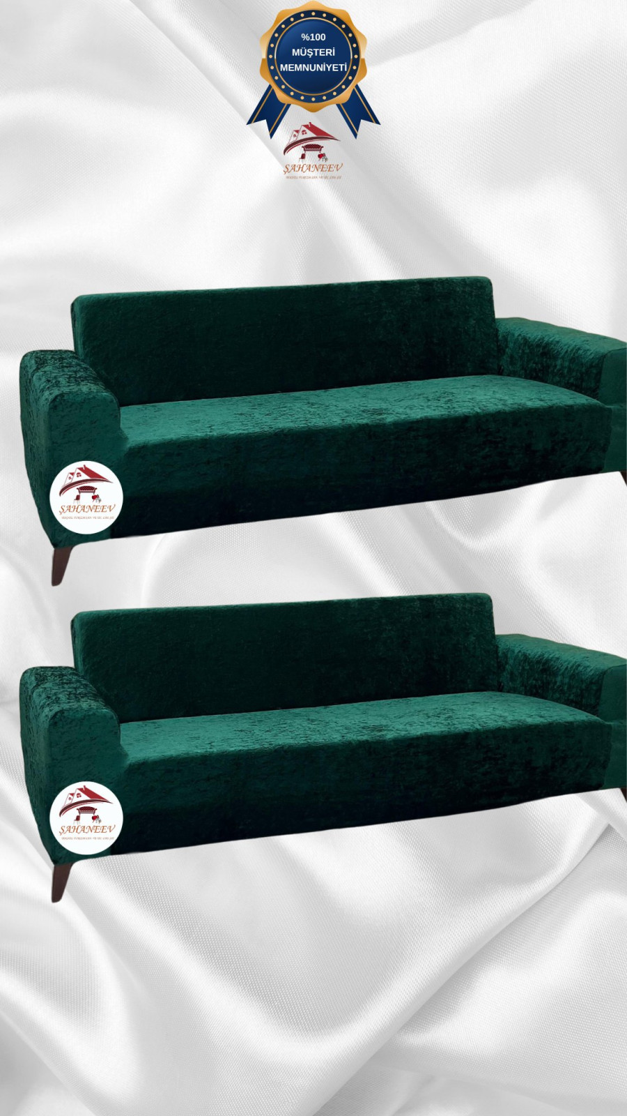 Parlak Kadife Giydirme Koltuk Örtüsü - Işıltılı Geometrik Desenli Koruyucu Zümrüt Yeşili Renk 3+3 (2 Parça Set)