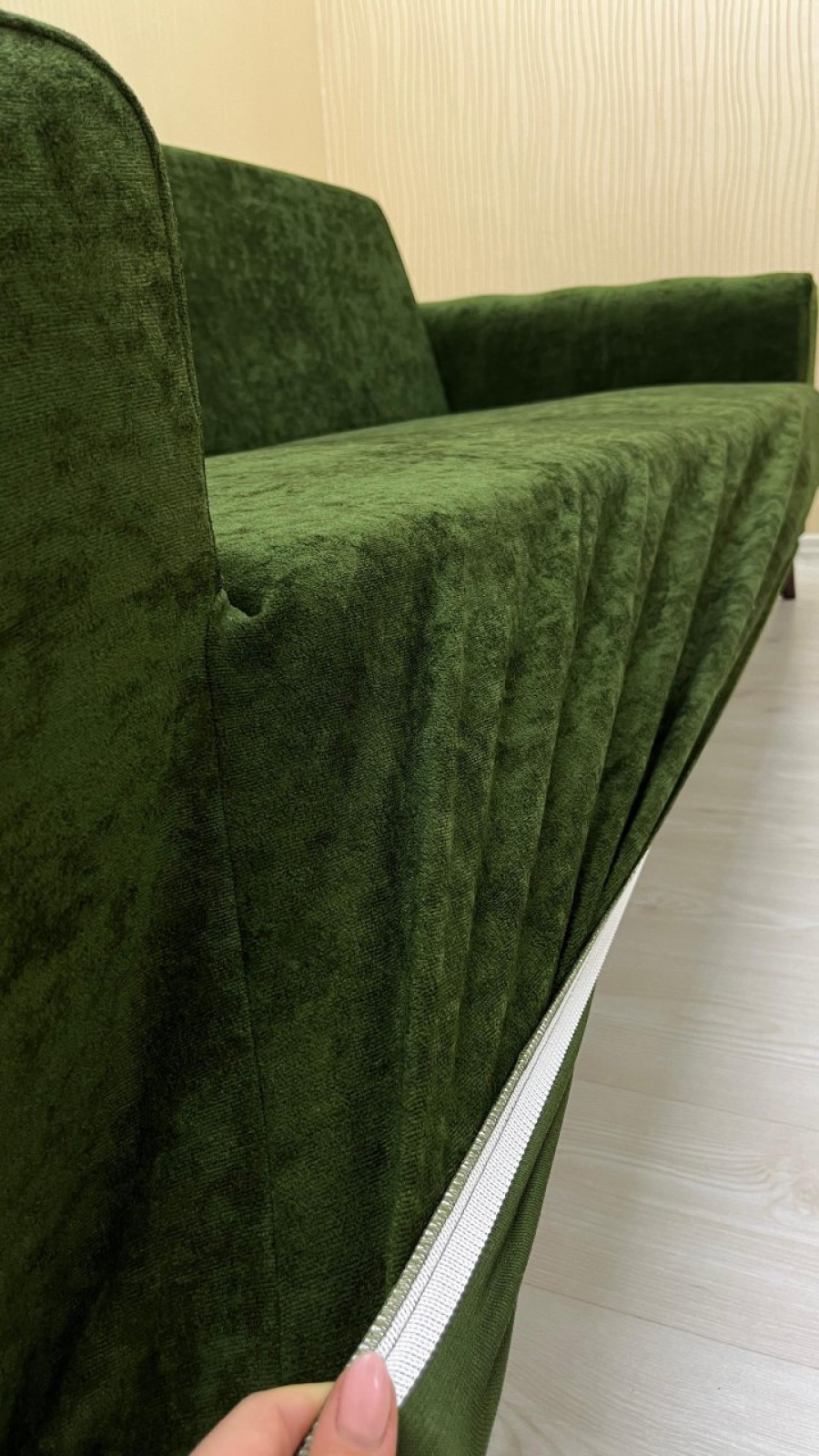 Baby Face Fabric Armless Sofa Cover - Elastic Velvet Sofa Protector Khaki Green Color 3+1+1 (3 Piece Set)