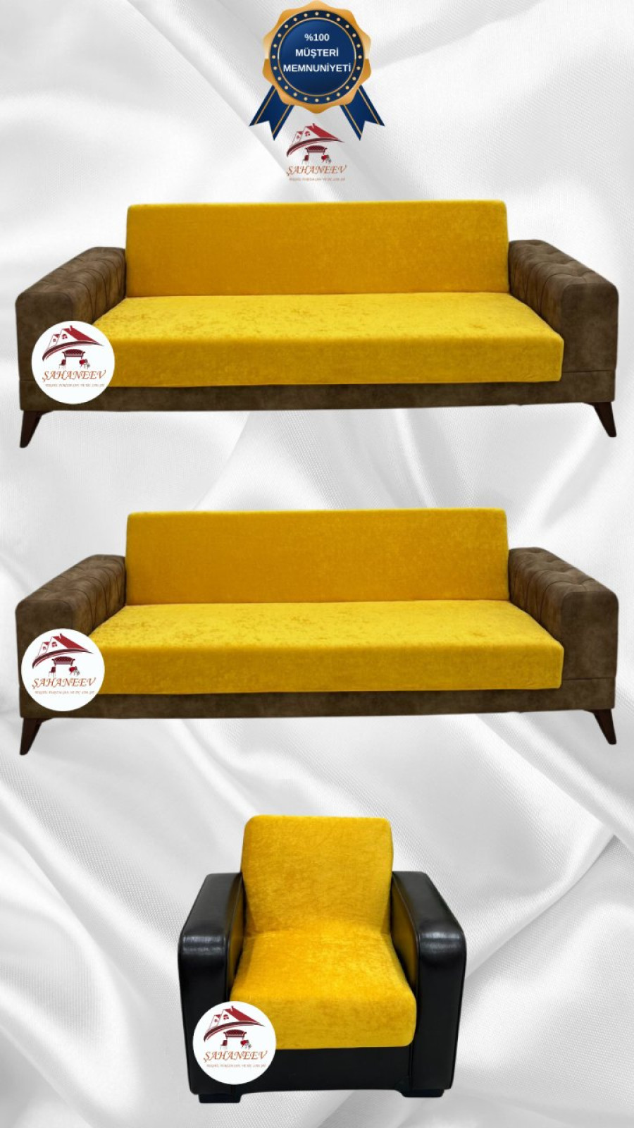 Baby Face Kumaş Kolsuz Koltuk Örtüsü - Lastikli Kadife Koltuk Koruyucu Hardal Renk 3+3+1 (3 Parça Set)