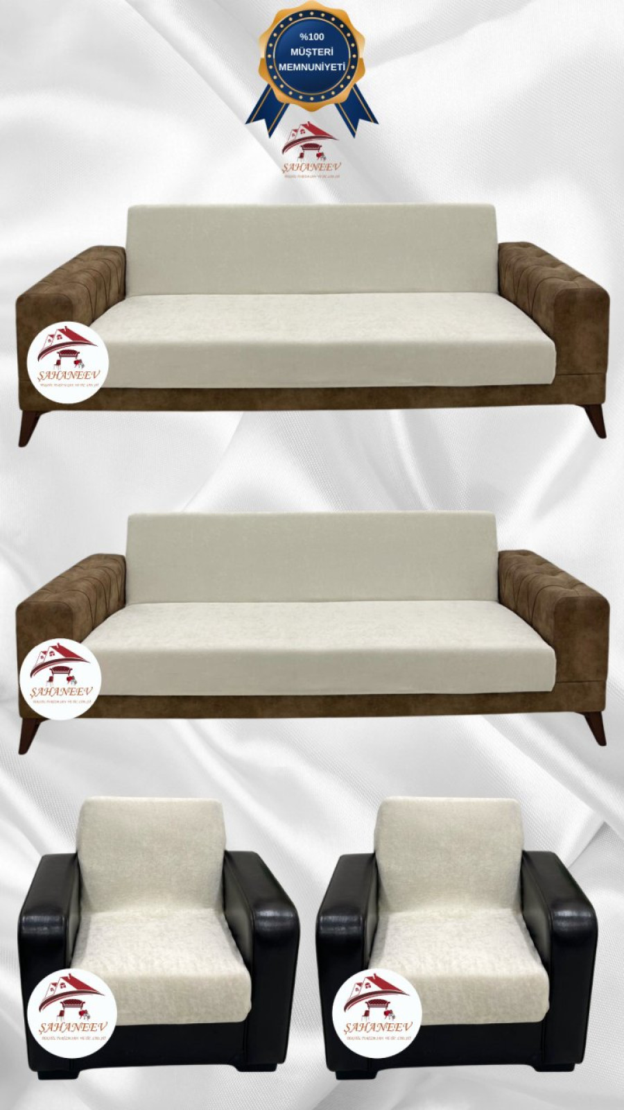 Baby Face Kumaş Kolsuz Koltuk Örtüsü - Lastikli Kadife Koltuk Koruyucu Krem Renk 3+3+1+1 (4 Parça Set)