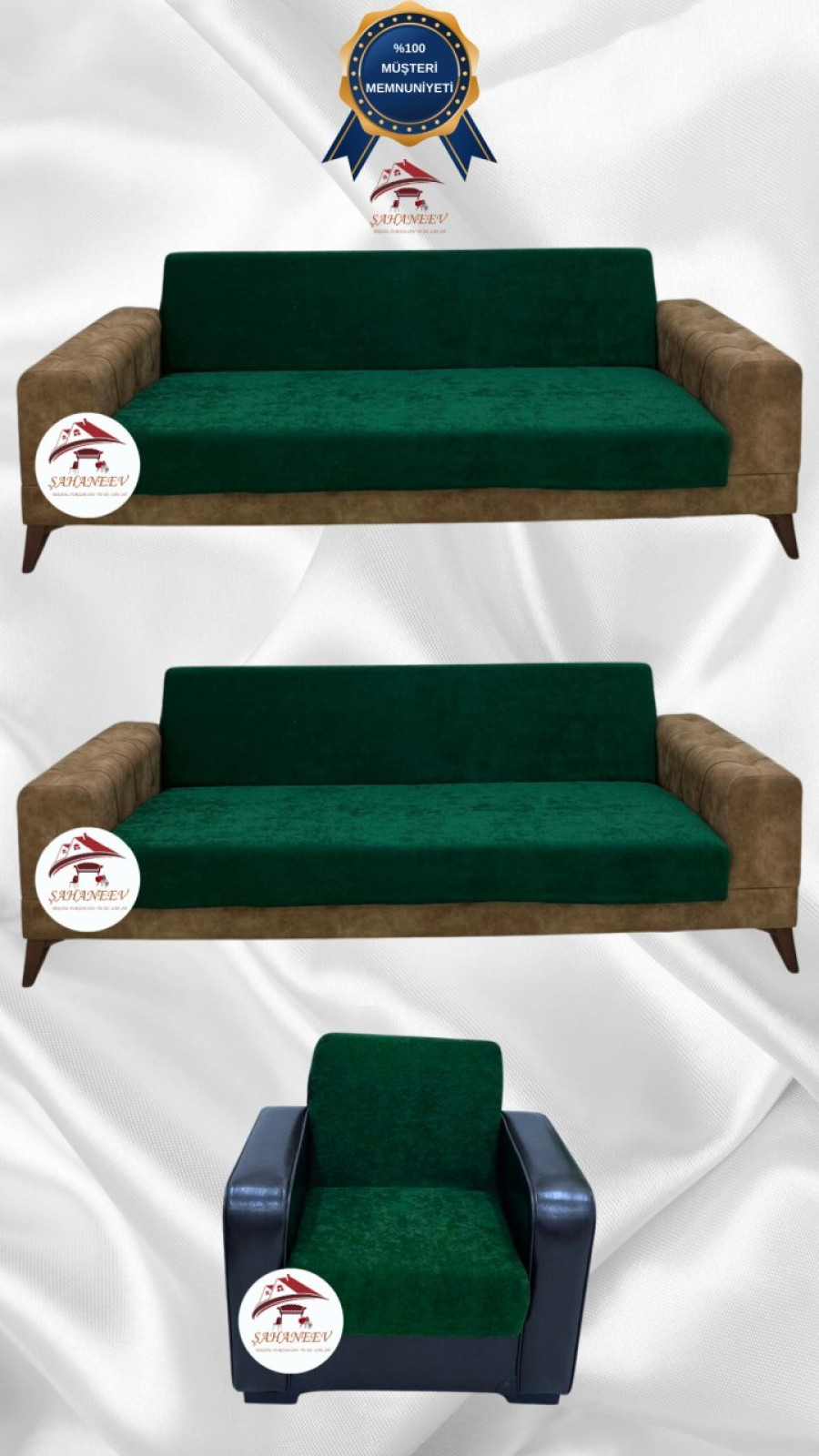 Baby Face Fabric Armless Sofa Cover - Elastic Velvet Sofa Protector Emerald Color 3+3+1 (3 Piece Set) Custom Size