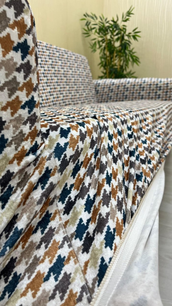 Patterned Printed Velvet Armless Sofa Cover - Elastic Flexible Sofa Set Protector Set Model BK-10 Color 3+1+1 (3 Piece Set)