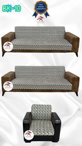 Desenli Baskılı Kadife Kolsuz Koltuk Kılıfı - Elastik Esnek Koltuk Takımı Koruyucu Set Model BK-10 Renk 3+3+1 (3 Parça Set)