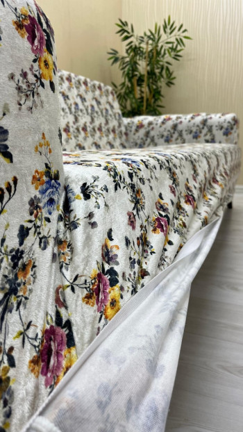 Patterned Printed Velvet Armless Sofa Cover - Elastic Flexible Sofa Set Protector Set Model BK-11 Color 3+1+1 (3 Piece Set)