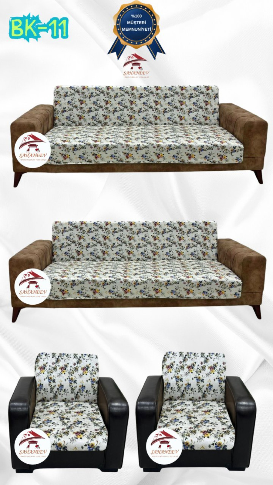 Desenli Baskılı Kadife Kolsuz Koltuk Kılıfı - Elastik Esnek Koltuk Takımı Koruyucu Set Model BK-11 Renk 3+3+1+1 (4 Parça Set) Özel Ölçü
