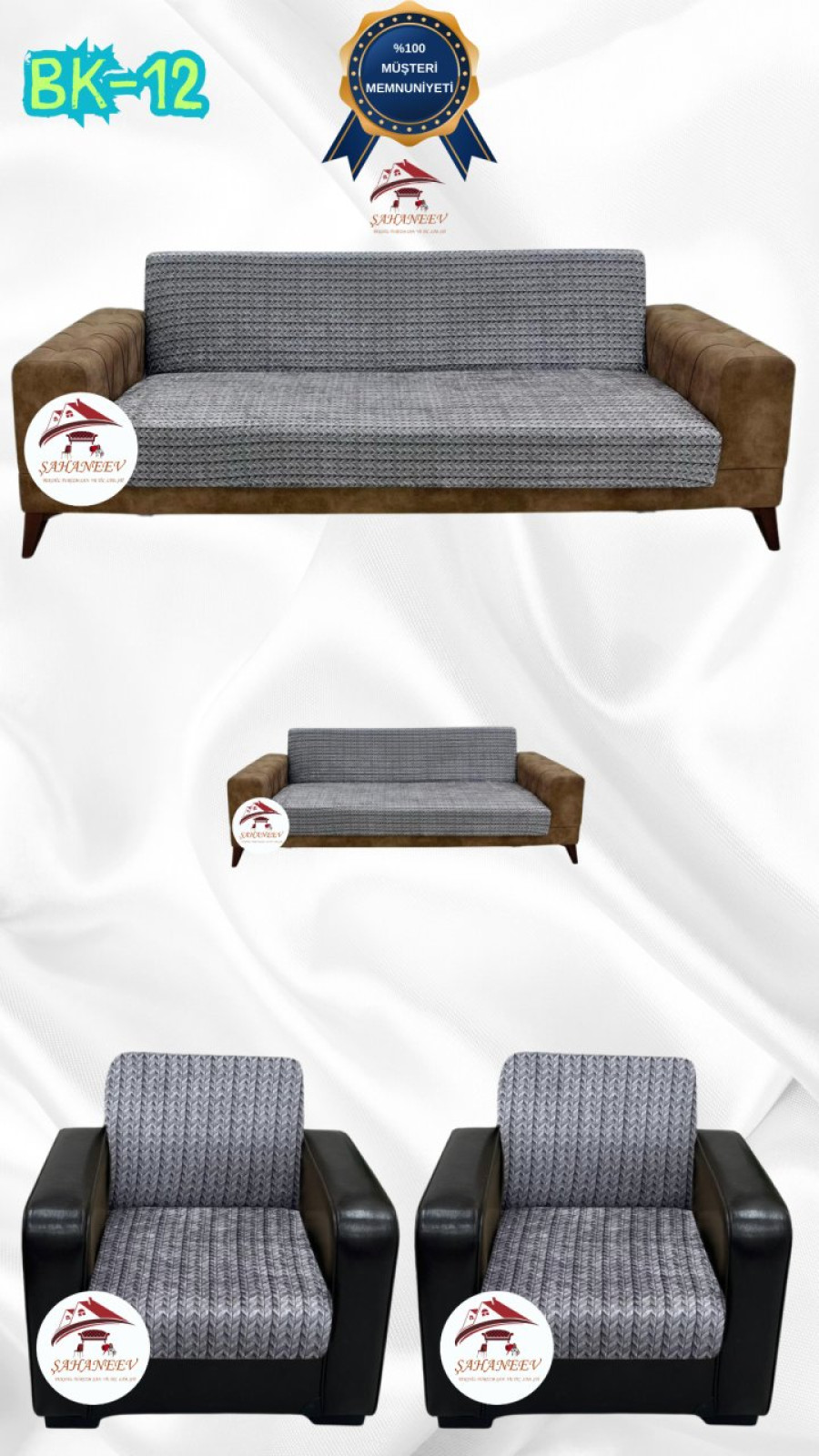 Desenli Baskılı Kadife Kolsuz Koltuk Kılıfı - Elastik Esnek Koltuk Takımı Koruyucu Set Model BK-12 Renk 3+2+1+1 (4 Parça Set) Özel Ölçü