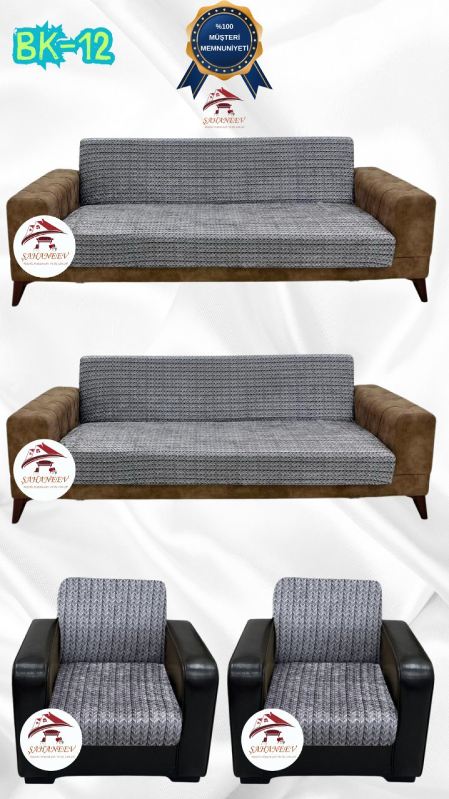 Desenli Baskılı Kadife Kolsuz Koltuk Kılıfı - Elastik Esnek Koltuk Takımı Koruyucu Set Model BK-12 Renk 3+3+1+1 (4 Parça Set) Özel Ölçü