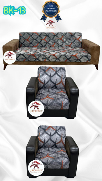 Patterned Printed Velvet Armless Sofa Cover - Elastic Flexible Sofa Set Protector Set Model BK-13 Color 3+1+1 (3 Piece Set)