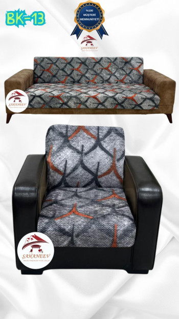 Patterned Printed Velvet Armless Sofa Cover - Elastic Flexible Sofa Set Protector Set Model BK-13 Color 3+1 (2 Piece Set)