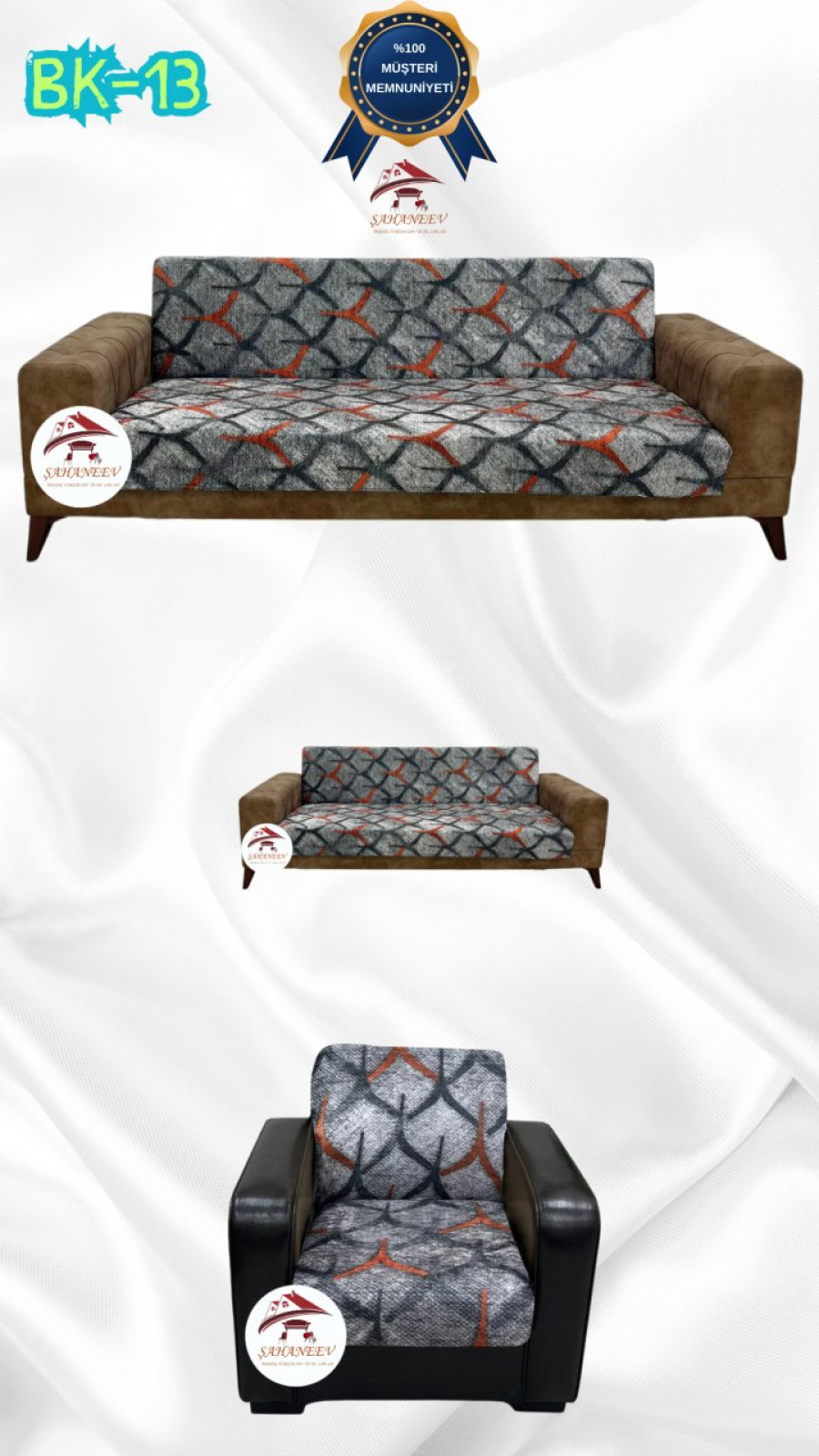 Desenli Baskılı Kadife Kolsuz Koltuk Kılıfı - Elastik Esnek Koltuk Takımı Koruyucu Set Model BK-13 Renk 3+2+1 (3 Parça Set)